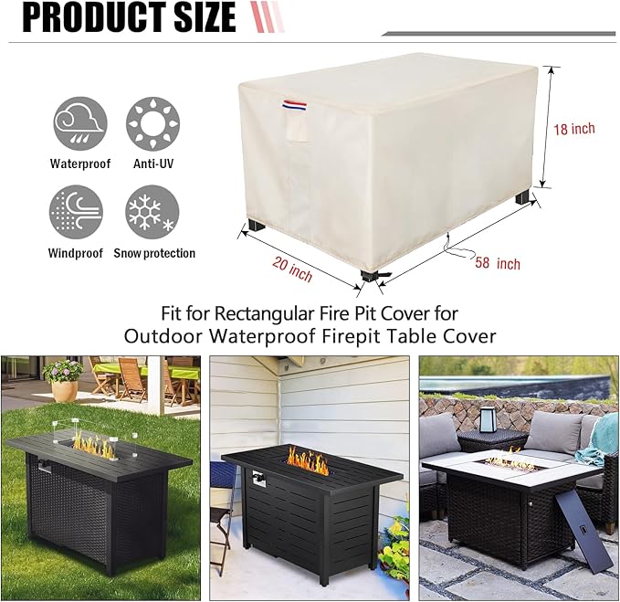Youlvy Fire Pit Cover Rectangular 58 Inch - Waterproof Outdoor Fire Table Cover Rectangle Heavy Duty, 600D Patio Propane Gas Firepit Cover Rectangular Tear Weather Resistant - 58 x 20 x 18 Inch Beige