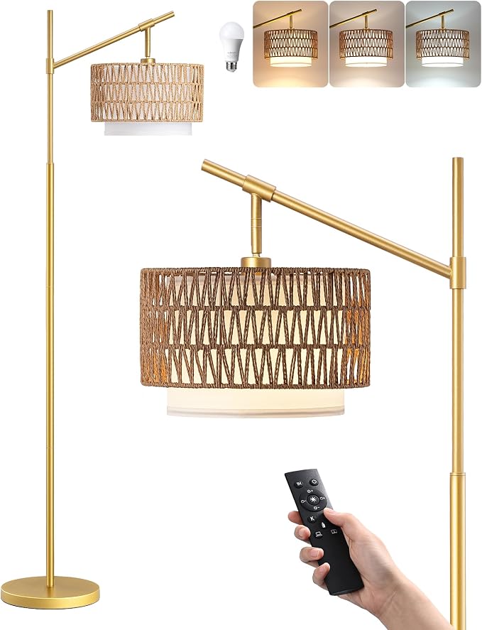 EDISHINE Rattan Arc Floor Lamp with Remote, Gold Farmhouse Standing Lamps for Living Room, Rattan & Fabric Dual Shades, Dimmable LED Bulb, Foot Switch, Adjustable Head Boho Lamp for Bedroom, Nursery