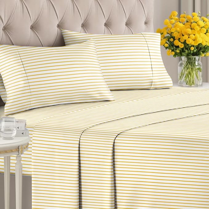 Yellow Striped Sheets - 1 Flat & 1 Fitted Sheet & 2 Pillowcases w/ Deep Pockets - Cozy, Wrinkle & Fade Resistant - Ultra-Soft, Comfy, Breathable & Cooling - Luxury Pinstripe Bedding - King Size