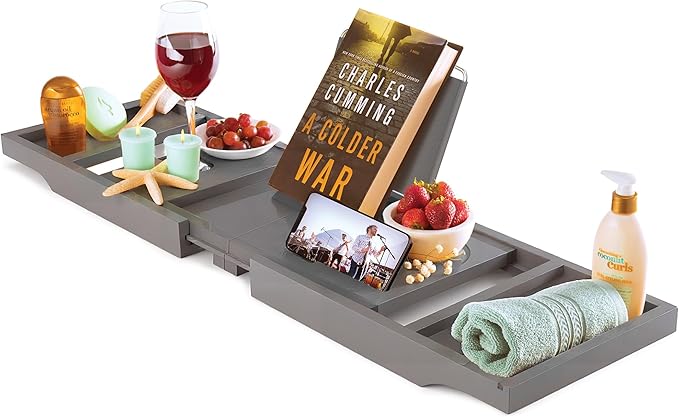 Gray Bathtub Tray for Tub - Grey Bamboo Bath Tray, Expandable Wooden Bath Caddy Tray with Wine Holder, Book and Tablet Stand, Bathroom Accessories, Tub Table, Bridal Shower Gifts for Women