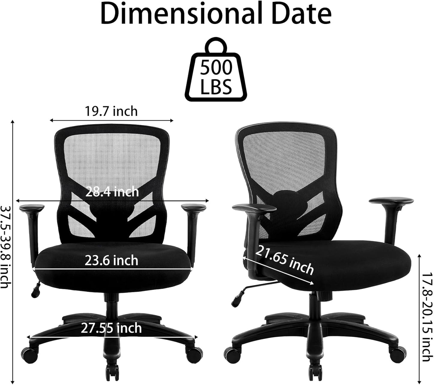 YFO Big and Tall Office Chair - Heavy Duty Ergonomic Mesh with Adjustable Lumbar Support | 500LBS Capacity, Black