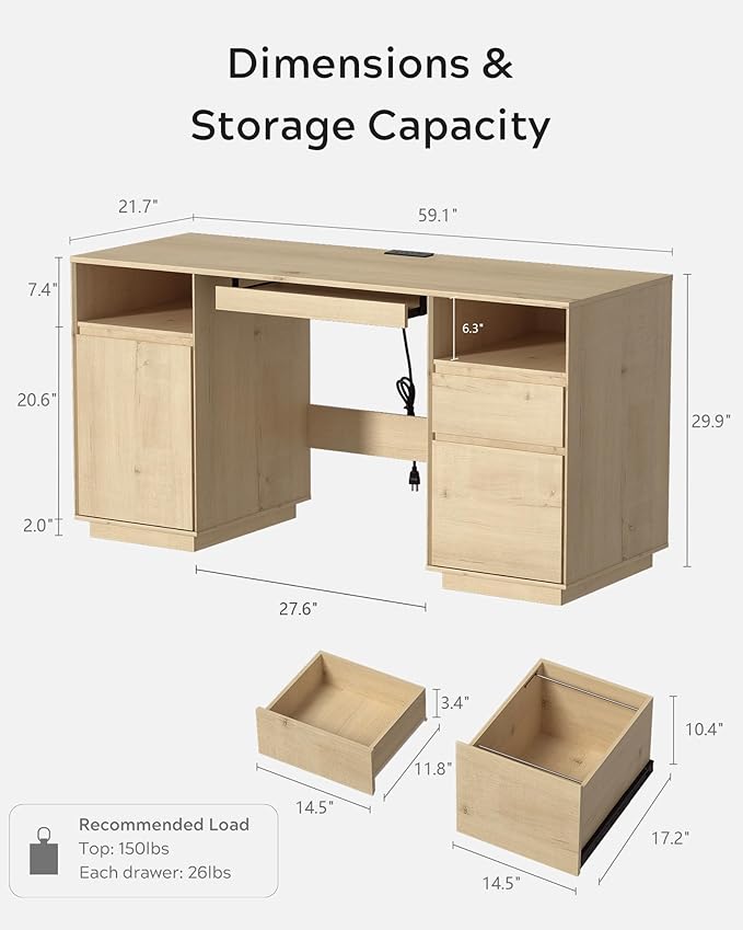 59" Farmhouse Office Desk, Wide Home Executive Desk with File Drawer & Open Storage & Power Outlet, Wooden Computer Desk for Study Writing, Light Oak