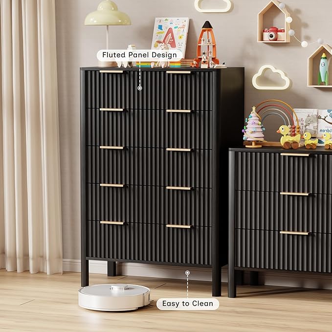 47" Tall Dressers for Bedroom Fluted 5 Drawer Dresser, Wooden Dresser Modern Chest of Drawers Dressers with Organizer Storage for Bedroom, Living Room, Entryway, Black