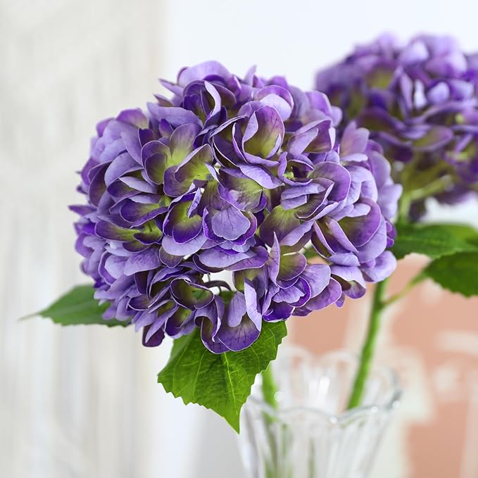 3Pcs Hydrangea Artificial Flowers, 22.44" Real Touch Latex Faux Hydrangea with Long Stems & Leaves for Home Office Decor or Wedding, Party, Centerpieces, Floral Arrangements (Purple)
