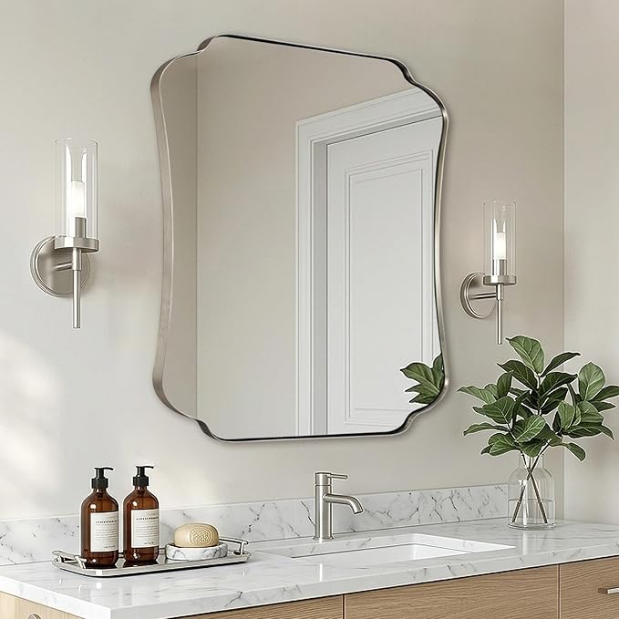 ANDY STAR 24"x30" Brushed Nickel Mirror, Scalloped Bathroom Wall Mirror with Metal Frame for Vanity, Vintage Notched Edges Design Ideal for Entryway, Living Room & Bedroom Decor