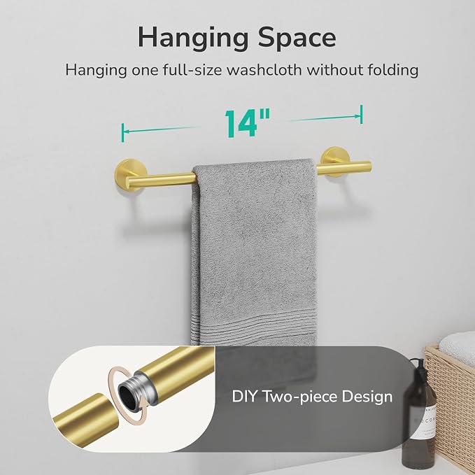 USHOWER Light Gold Towel Bar, 14-Inch Towel Racks for Bathroom Wall-Mounted, SUS304 Stainless Steel Towel Rod (Total Length 16-Inch)