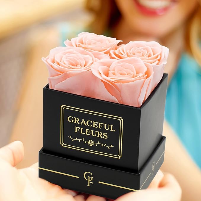 Graceful Fleurs | Real Long Lasting Roses for Years | Preserved Fresh Flowers for Delivery Birthday | Birthday Gifts for Women | Forever Roses in a Box (Light Peach, Black Box, 4 Roses)