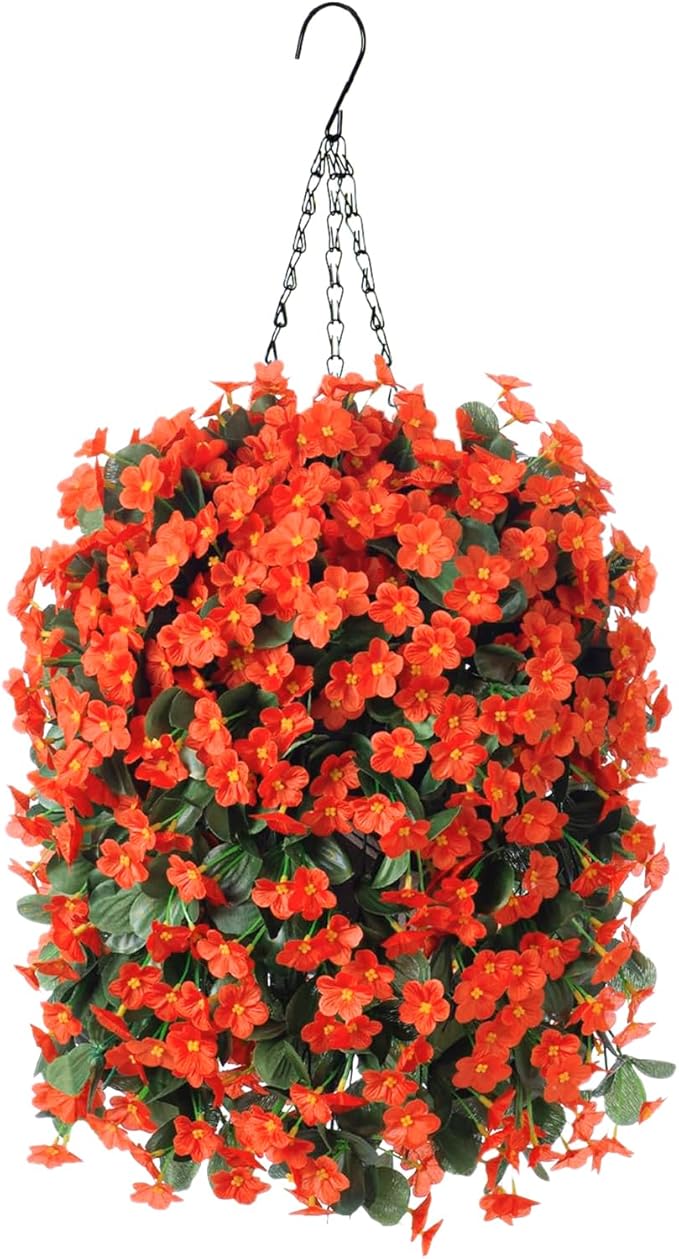 HyeFlora Artificial Fake Hanging Flowers Plants Baskets for Winter Christmas Outdoor Outside, Faux Silk Orange Daisy in Planter UV Resistant Orchid for Home Porch Garden Yard Patio Decor