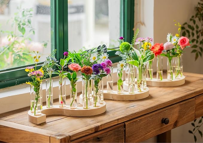 Melphoe Glass Bud Vases Small Flower Vase for Centerpieces Wedding Table Decorations, Home Decor, Propagation Station Plant Terrarium with Wooden Stand, Unique Plant Lover Gifts for Women (Beige)