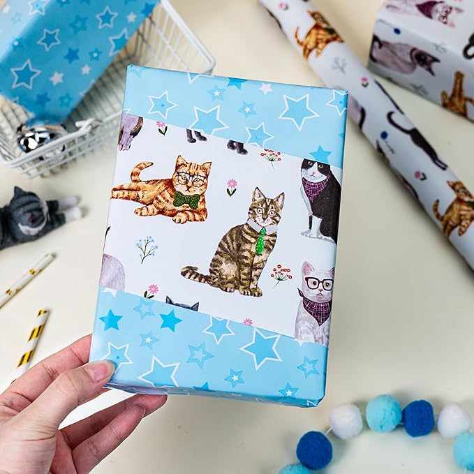 Burymento White Lovely Cat Wrapping Paper, Reversible Blue Star Gift Wrap for Birthday, Valentines, Mothers day, Graduation, Wedding, Fathers day, Baby Shower, Christmas (17in x 16.4ft)