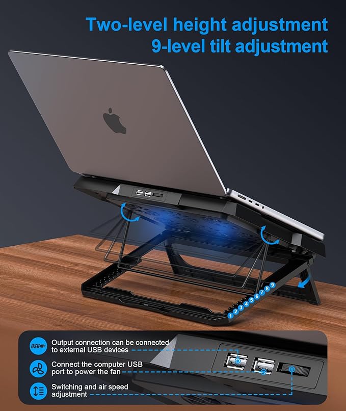 MOKURU Laptop Cooling Pad, Laptop Cooler with 6 Quiet Fans Up to 17.3 Inch Heavy Notebook Cooler Stand, 8 Levels of Tilt, Two Levels of Height Adjustable (Black)