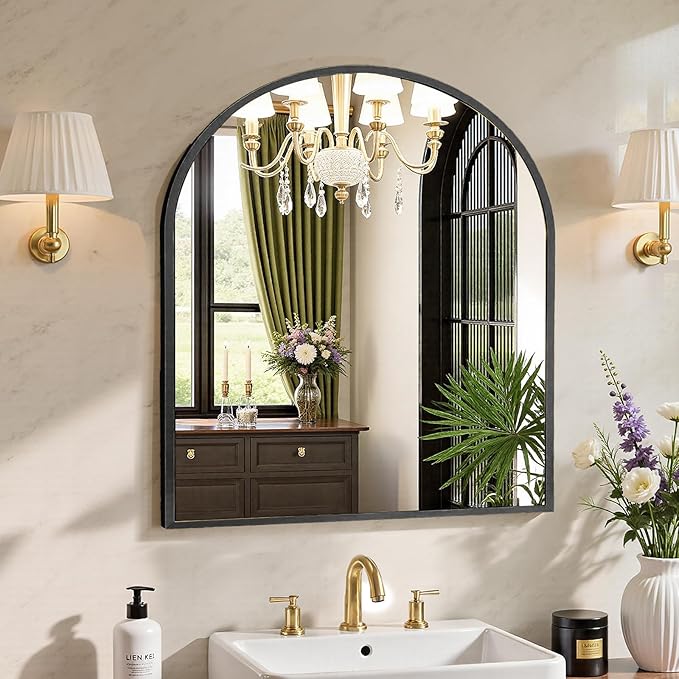 NEWBULIG 32X30 Inch Arched Bathroom Mirror for Wall, Vanity Bathroom Mirrors for Over Sink Tempered Glass, Anti-Rust Arched Metal Framed, Hangs Horizontally or Vertically, Farmhouse Home Decor, Black