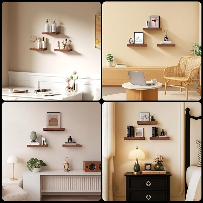 Floating Shelves, Walnut-Like Wooden Set of 3 Wall Mounted Bathroom Shelves Over Toilet, Modern Small Hanging Shelves for Bedroom Living Room Kitchen Rustic Home Decor, 12" x 7" x 1.5"