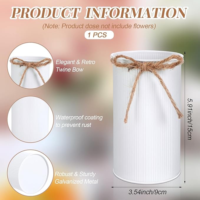 Domensi 5.91 in High Farmhouse Vase Decor Galvanized Metal Flower Vase with Twine Bow Vintage Rustic Tin Flower Buckets for Artificial Floral Table Container DIY(White,1 Pcs)