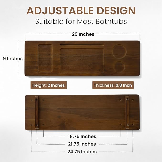 Teak Bathtub Tray - Wood Bath Caddy Tray 29" for Small Tubs - Adjustable Bathtub Table Trays - Luxury Shower Organizer for Home Spa Relaxation and Reading - Dark Walnut Color