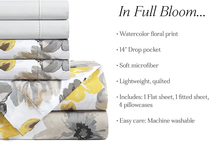 Lush Decor Leah Soft Floral Sheet Set, 6 Piece Set, Queen, Yellow & Gray- Queen Size Sheet Set - Printed Bedding - Watercolor Florals - Farmhouse Décor