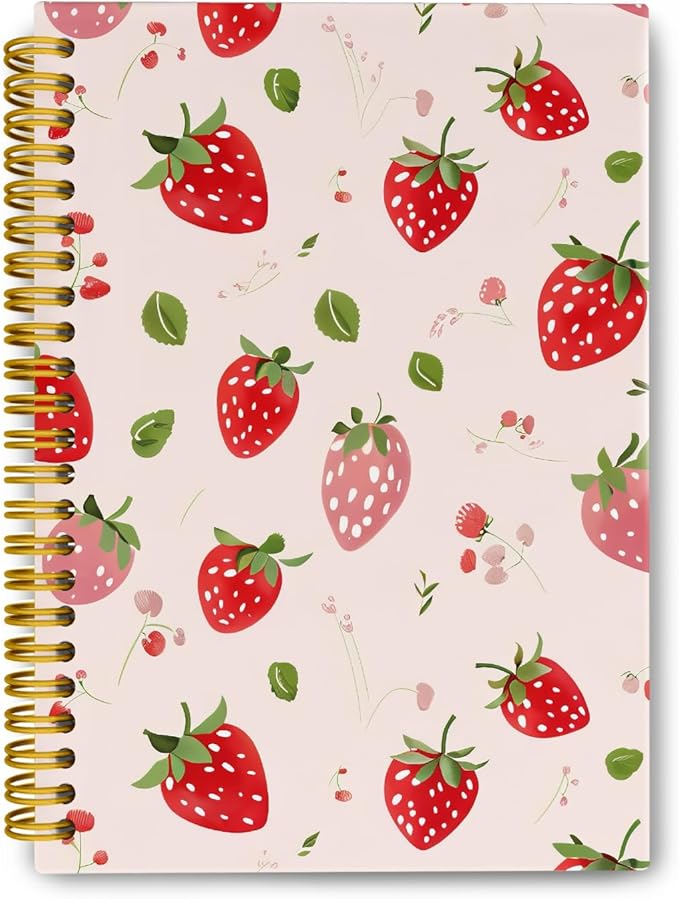 JKMBN Cute Strawberry Journaling Notebooks, Preppy Pink Spiral Notebook, Pink Office Supplies, Cute Notebooks for Women Girls, Hardcover Spiral Notebooks College Ruled 5.5 x 8.3