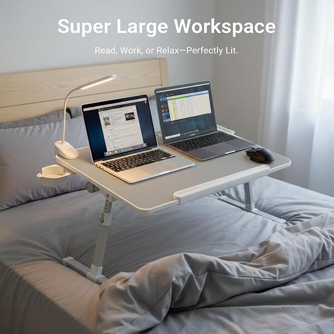 iXTRA Laptop Lap Desk with Cooling Fan - Adjustable Bed Desk with Light, Bed Table with Cup Holder&Phone Holder - Storage Drawer Desk - Folding Bed Desk,Grey,70x45cm
