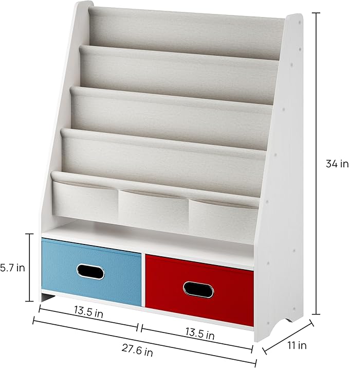 SEIRIONE Sturdy Kids Bookshelf, Children Display Rack, 4 Sling and 2 Storage Boxes for Toys Organizer, White/Wood Texture