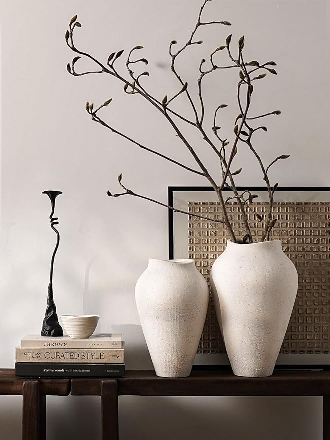 White Ceramic Vase - Large 11.8 Inch Tall Floor Vase for Centerpieces, Farmhouse Rustic Minimalist Home Decor for Living Room, Enterway, Wedding (Sandstone White)