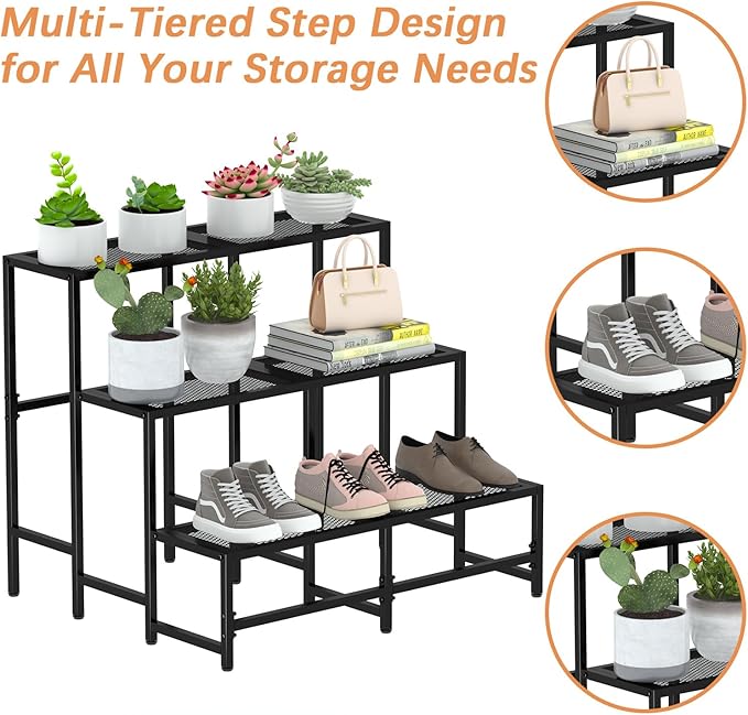 Garden 4 you 3 Tier Large Metal Plant Stand, Garden Display Shelf Flower Pot Holder Storage Organizer Rack for Indoor Home Outdoor Patio Balcony Yard( Black,Rectangle)