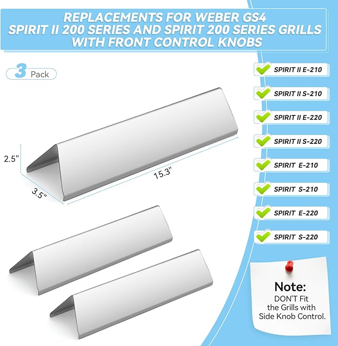 Webonbake 15.3 inch Flavorizer Bars for Weber Spirit I & II 200 Series Spirit E210 S210 E220 S220 with Front Control Knobs, Stainless Steel Heat Plate Flavor Bar Replacement for 7635, 3 Pack