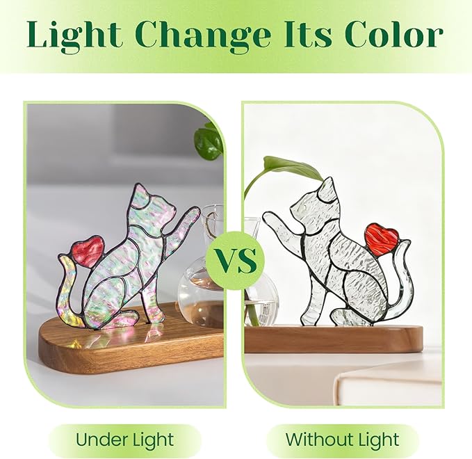 Hewory Handmade Cat Propagation Stations: Iridescent Stained Glass Cat Planter Pot with Wooden Stand for Desktop Decor for Plant Lovers Women