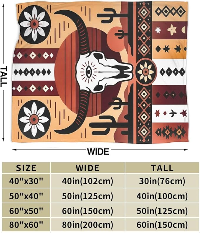 Western Boho Bull Skull Blanket Southwest Aztec Tribal Southwestern Navajo Throw Blanket Soft Cozy Fleece Fuzzy Stuffed Plush Flannel Gifts for Girls Women Boys Kids Adults 50''x60''