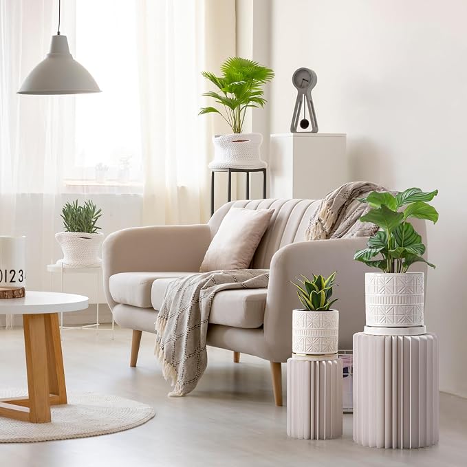 Ceramic Plant Pots Indoor-Outdoor: 8 Inch Embossed Planters with Drainage Hole & Saucer - Modern Decorative Flower Pots for Home Garden Patio Office Decor