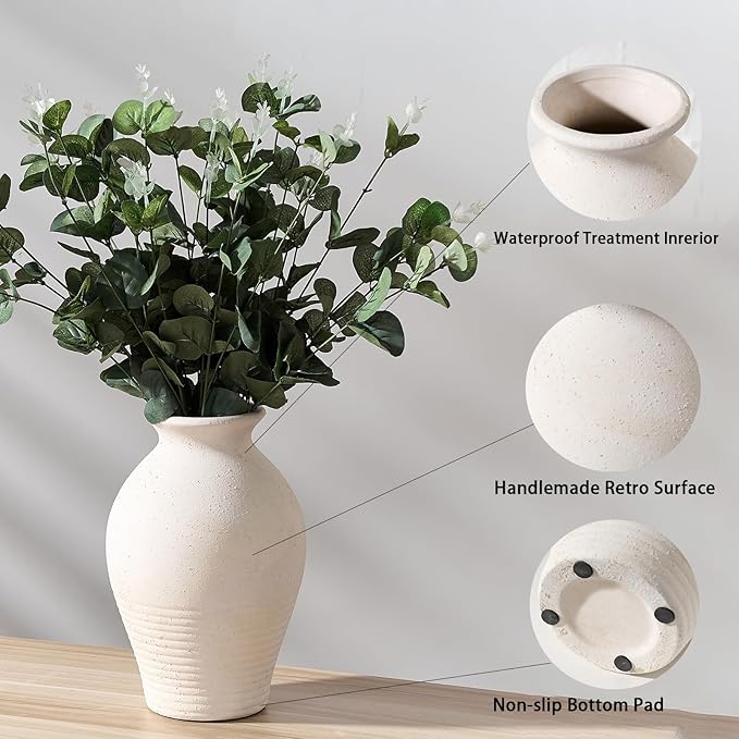 LUKA Ceramic Rustic Farmhouse Vase, 9.2 inch Whitewashed Terracotta Vase, Pottery Decorative Vases,Clay Decorative Vases for Home Decor, Table, Living Room, Shelf, Mantel Decoration(Off-White)