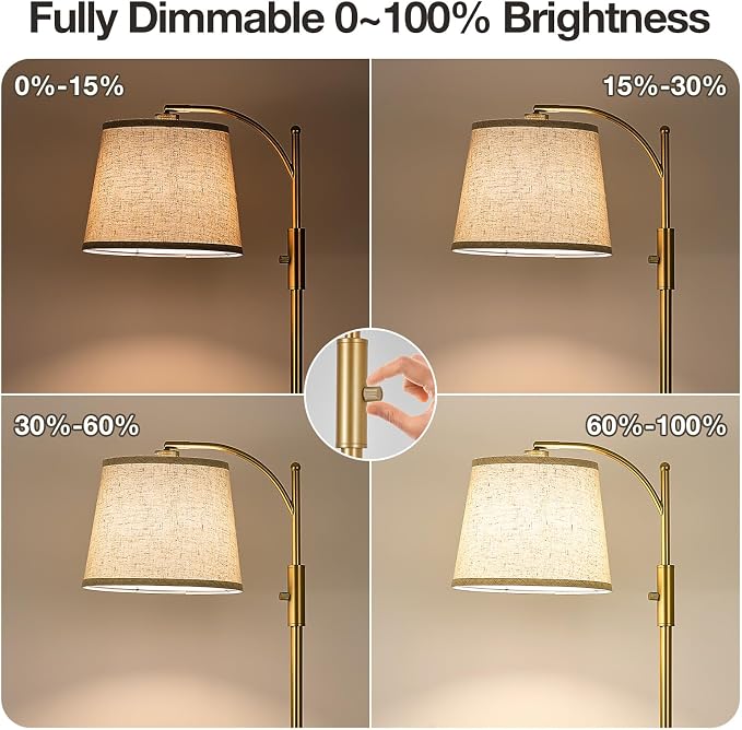 AIDENOEY Fully Dimmable Floor Lamp for Living Room，Standing Lamp Rotary Switch with Linen Beige Shade，Golden Tall Lamps for Bedroom with Adjust Head，9W LED Bulb Included