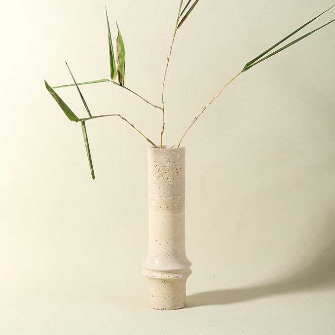 Flower Vase for Home Decor, Marble Bamboo Vase Rustic Vintage Decorations for Living Room, Table, Bathroom, Holiday & Weddings (Travertine)