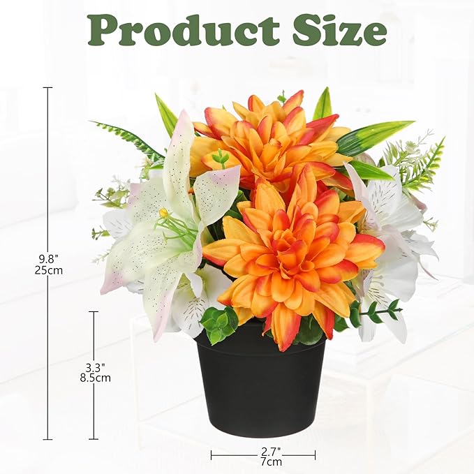Orange Artificial Flowers Small Fake Flowers in Vase Peonies Dahlia Tiger Lily Potted Silk Flower Arrangements Faux Plants & Flowers Home Bathroom Kitchen Table Centerpieces Desk Decor