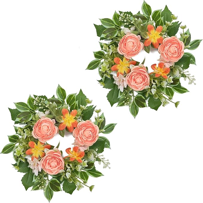 WELL KNOWN 2 Pcs Mini Spring Floral Candle Rings Wreaths for Pillars Home Table Window Decor, 9 Inches Artificial Flower Cabinet Wreath for Kitchen Farmhouse Wedding Party (Peach Ranunculutus)
