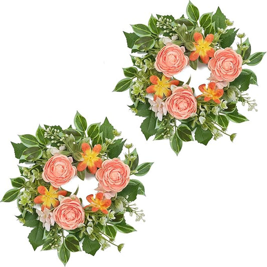 WELL KNOWN 2 Pcs Mini Spring Floral Candle Rings Wreaths for Pillars Home Table Window Decor, 9 Inches Artificial Flower Cabinet Wreath for Kitchen Farmhouse Wedding Party (Peach Ranunculutus)