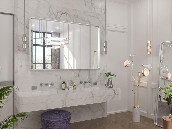 TETOTE 48 x 30 Inch Bathroom Vanity Mirror, Silver Framed Brushed Nickel Modern Farmhouse Decorative Rectangle Entryway Wall Mirror (Horizontal/Vertical)