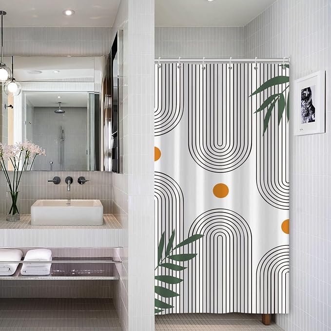 Boho Mid Century Shower Curtain Bohemian Minimalist Geometric Arch Sun Bathroom Curtain Sage Green Plant Polyester Shower Curtain Sets for Bathroom Extra Long 54x72 in with 10 Hooks
