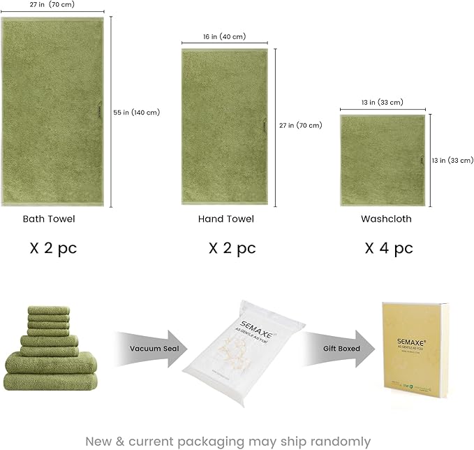 SEMAXE Bath Towel Set, 8 Piece Towel Set for Bathroom, Quick Dry Cotton Towels with Hanging Loops, Easy Care, Green