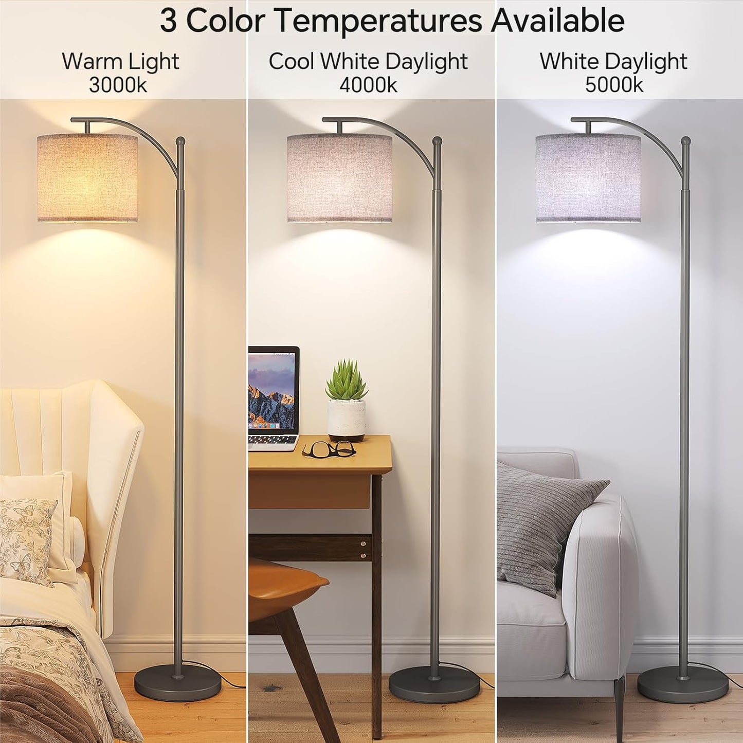 SUNMORY Arc Floor Lamp - Modern Design with 9W Adjustable 3-Color Temperature Bulb | Tall Metal Standing Lamp for Living Room, Bedroom, Office