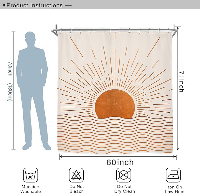 Miyotaa Abstract Sun Shower Curtain Set 60Wx71H Inches Burnt Orange Sunrise Sunset Mid Century Retro Vintage Minimalist Aesthetic Waterproof Bathroom Curtain with 12 Hooks