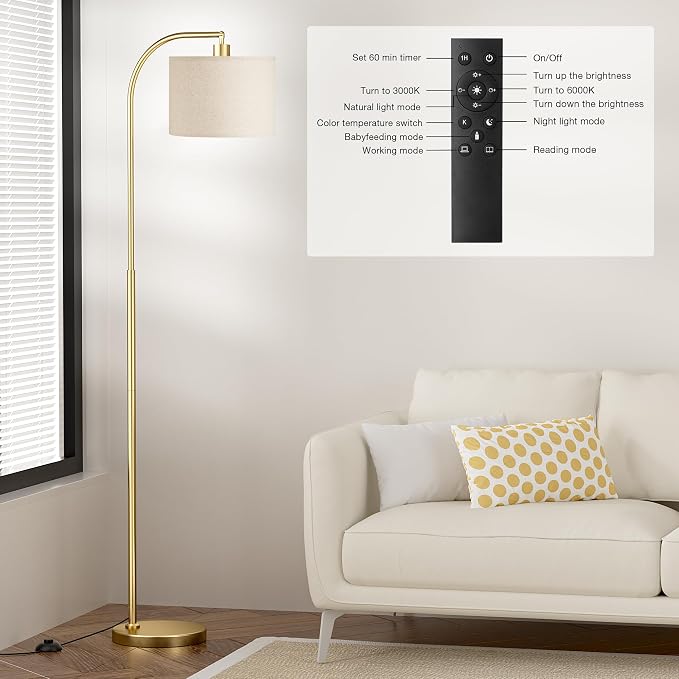 Ambimall Arc Floor Lamp with Remote and Stepless Dimmable Bulb, Colors Temperature & Brightness Adjustable, Gold Floor Lamps for Living Room（Deep Beige Shade & Gold Pole）