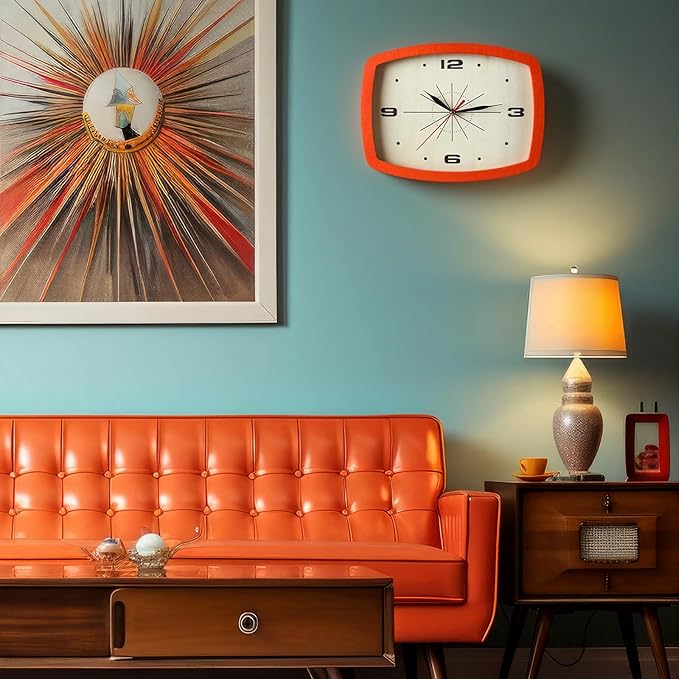 2 Pcs Retro Wall Clock ModernMid Century Decoration Silent Non Ticking Blue Orange 10 Inch Rectangular Retro Clock Battery Operated Vintage Wall Art for Living Room Office Kitchen Bedroom