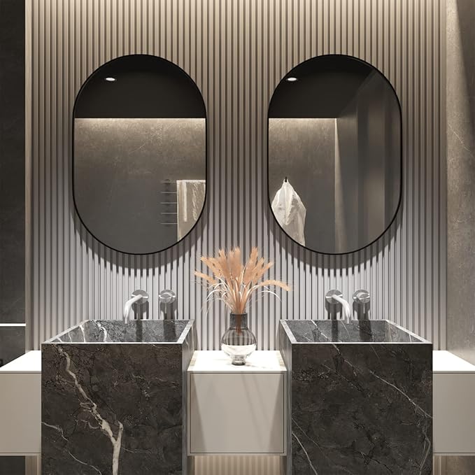 2 Piece Oval Bathroom Mirror Capsule Wall Vanity Mirror, 20"x30" Pill Mirrors Wall Mounted Mirror, Large Modern Mirror with Black Metal Frame, Decor for Entryway, Bedroom, Living Room