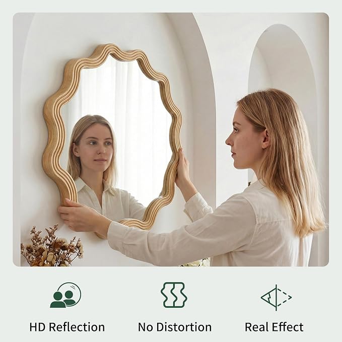 Farmhouse Wall Mirror - 31.5" Wood Frame Round Rustic Wall Decorative Mirrors, Circle Scalloped Wavy Round Boho Accent Mirror for Living Room, Bedroom, Entryway, Hallway, Fireplace (Natural)