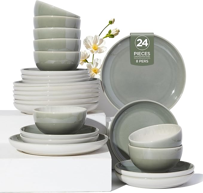 Pokini Plates and Bowls Sets for 8, 24 Piece Dinnerware Set for Large Families & Entertaining, Elegant Design, Dishwasher & Microwave Safe, Chip Resistant and Durable, Gray Green