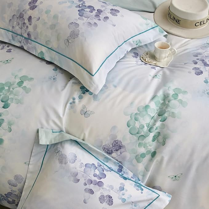 VM VOUGEMARKET Green Purple Duvet Cover Set Queen,3 Pieces Branch Leaves Duvet Cover with 2 Pillow Shams 100% Cotton Botanical Bedding Set-Queen,90x90 Inch