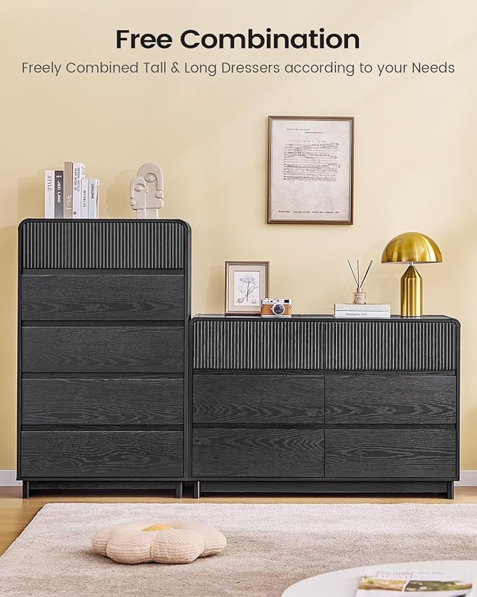 AOGLLATI Modern 6 Drawer Dresser for Bedroom, 47" Wide Fluted Double Black Dressers & Chests of Drawers with Curved Profile Design for Bedroom,Black