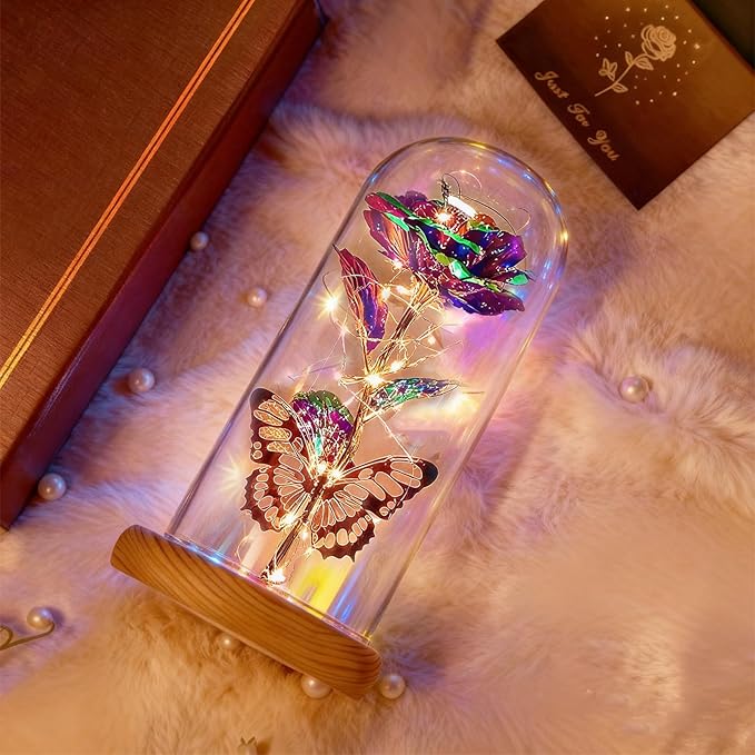 Beferr Christmas Birthday Gifts for Women, Mom Gifts for Christmas Galaxy Glass Rose Forever Preserved Flowers for Delivery Prime Rose in Glass Dome Xmas Gifts for Grandma Wife Sister Her, Purple