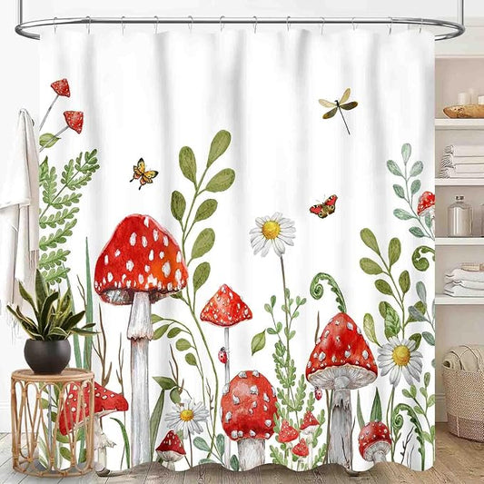 Mushroom Shower Curtain, Rustic Sage Green Botanical Vintage Mushroom Wildflower Forest Plants Herbs Farmhouse Country Waterproof Fabric Bathroom Shower Curtain Set with Hooks, 72"x84" Inch
