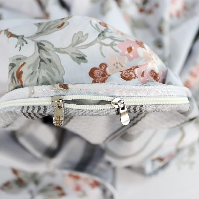 FADFAY Duvet Cover Set Queen Elegant Floral Bedding Shabby Grey Bird Print Flower Quilt Cover Set Vintage Farmhouse Bedding 100% Cotton Soft Comforter Cover Set with Zipper Closure 3Pcs, Queen Size